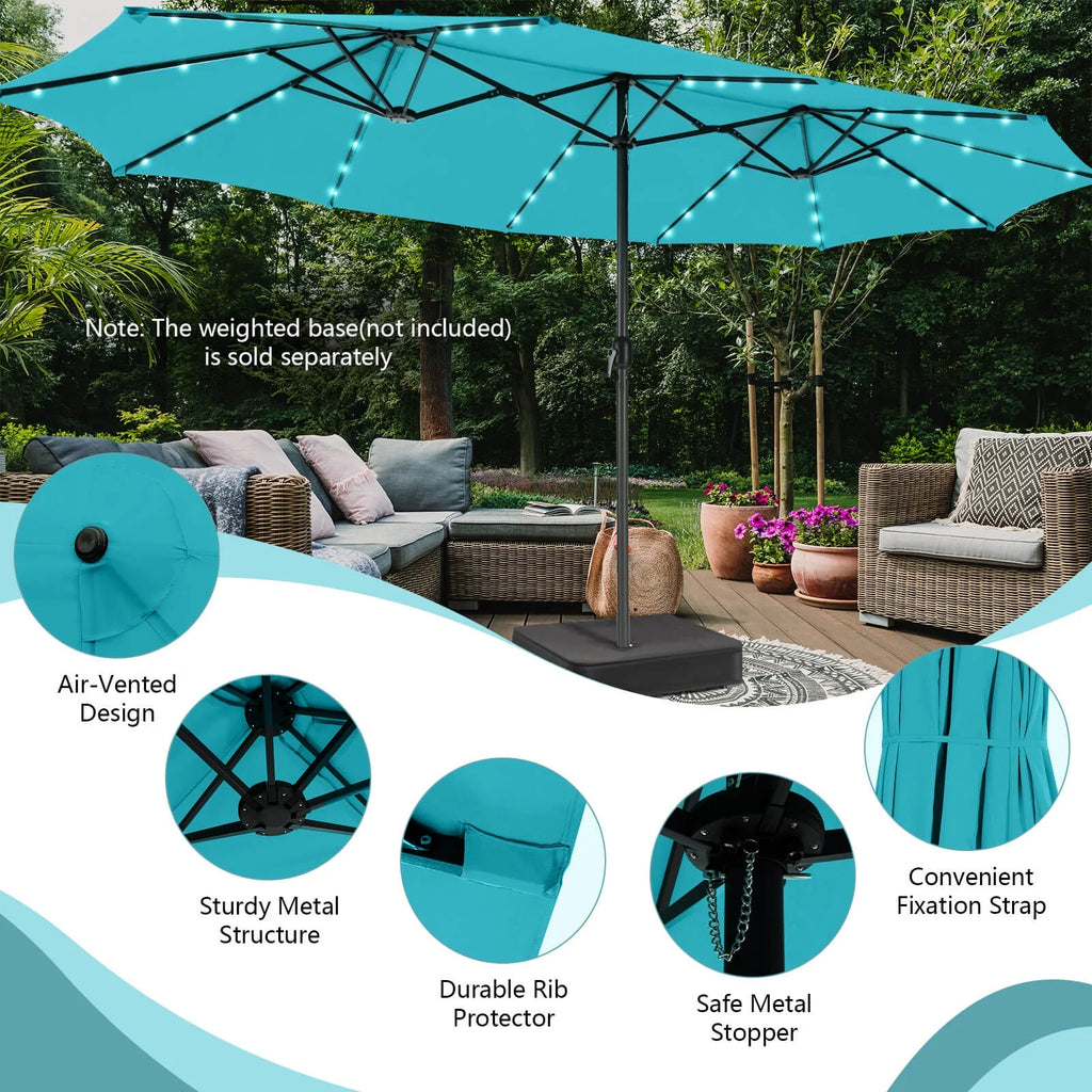Costway 15FT Twin Patio Double-Sided Umbrella 48 Solar LED Lights Crank Outdoor Beige