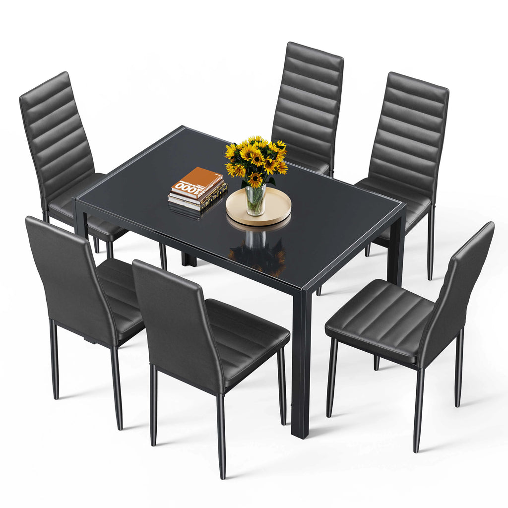 Asofer Modern 7 Piece Dining Table Sets for 6, Glass Kitchen Table, PU Leather Chair, Dining Room, Black