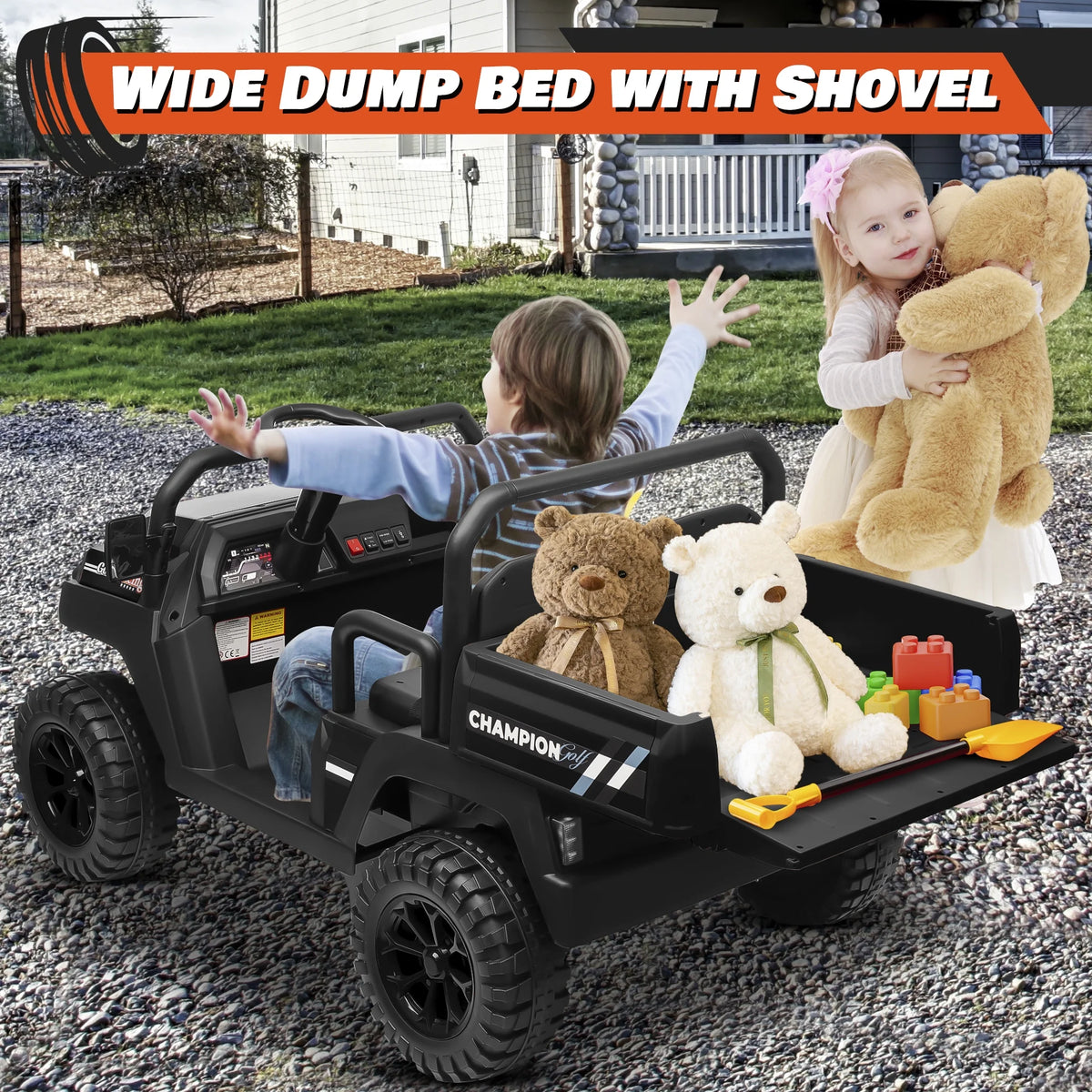 Joyracer 4WD 24 Volt Ride on Toys UTV with 2 Seater & Remote Control, Kids Electric Golf Cart w/ 4x200W Power Motors, Tiltable Trailer & Shovel, 4 Wheels Spring Suspension, Bluetooth USB Music, Black