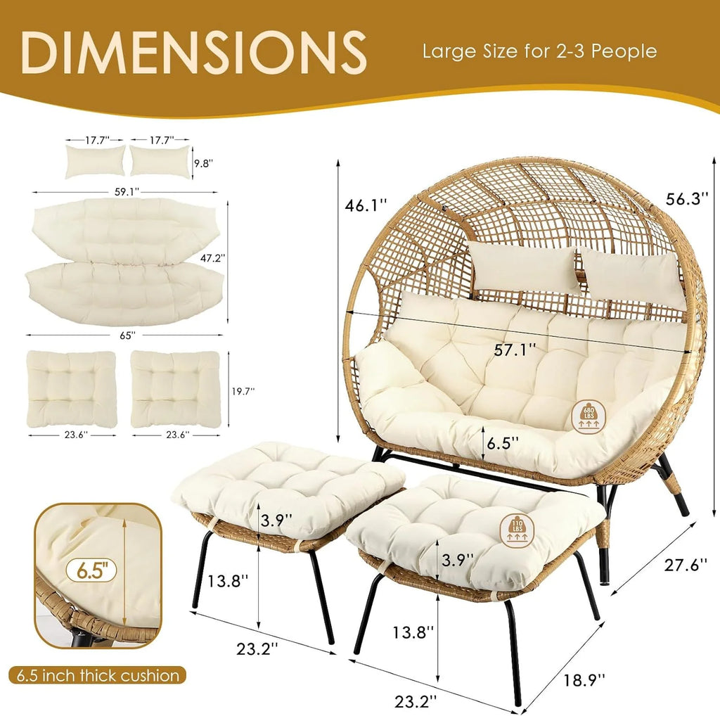 RADIATA 440 lbs Outdoor Egg Chair with Foot Rest & Ottoman, Wicker Patio Egg Chair for Indoor or Garden,Beige