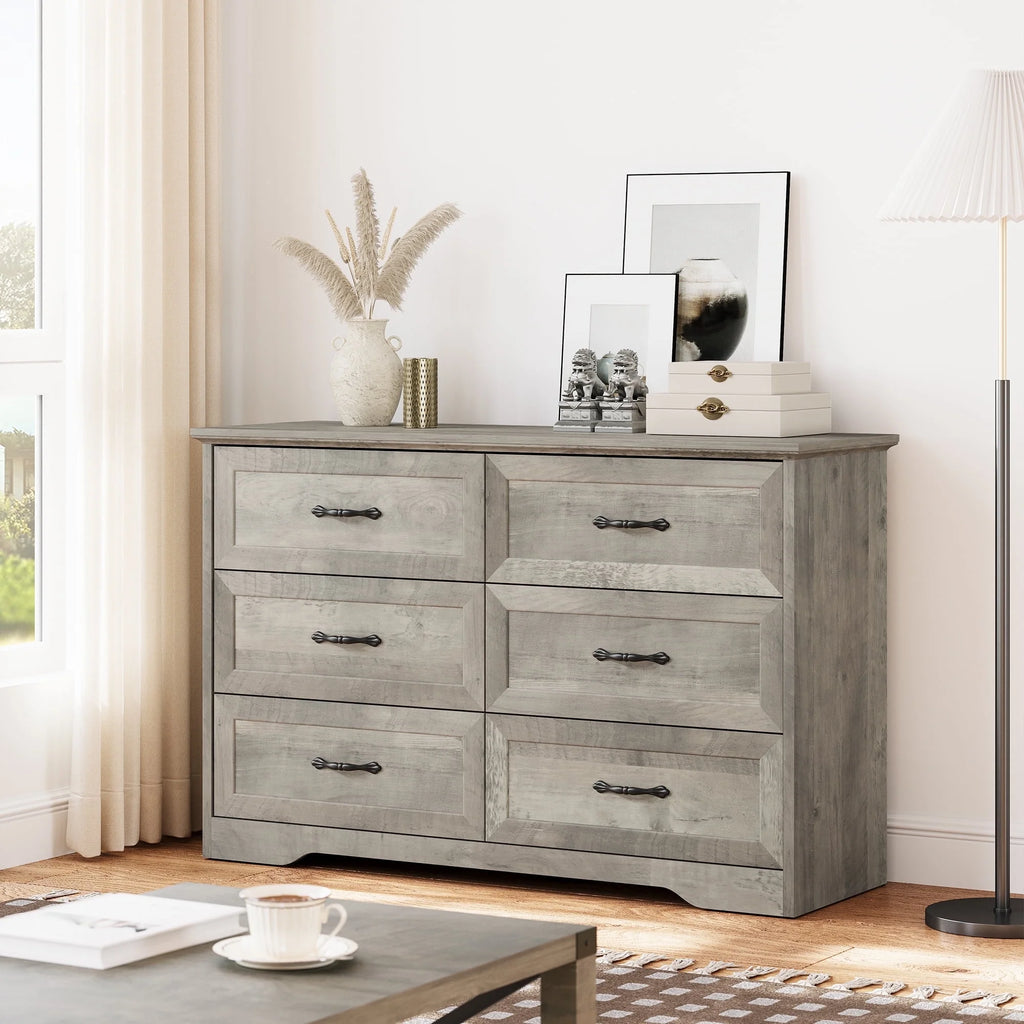 Homhougo White Dresser for Bedroom 6 Drawer, Wood Organizer Storage Cabinet with Gray Strip Drawer Door, Chest of Drawers for Closet, Living Room, Hallway, Nursery, Kids Bedroom