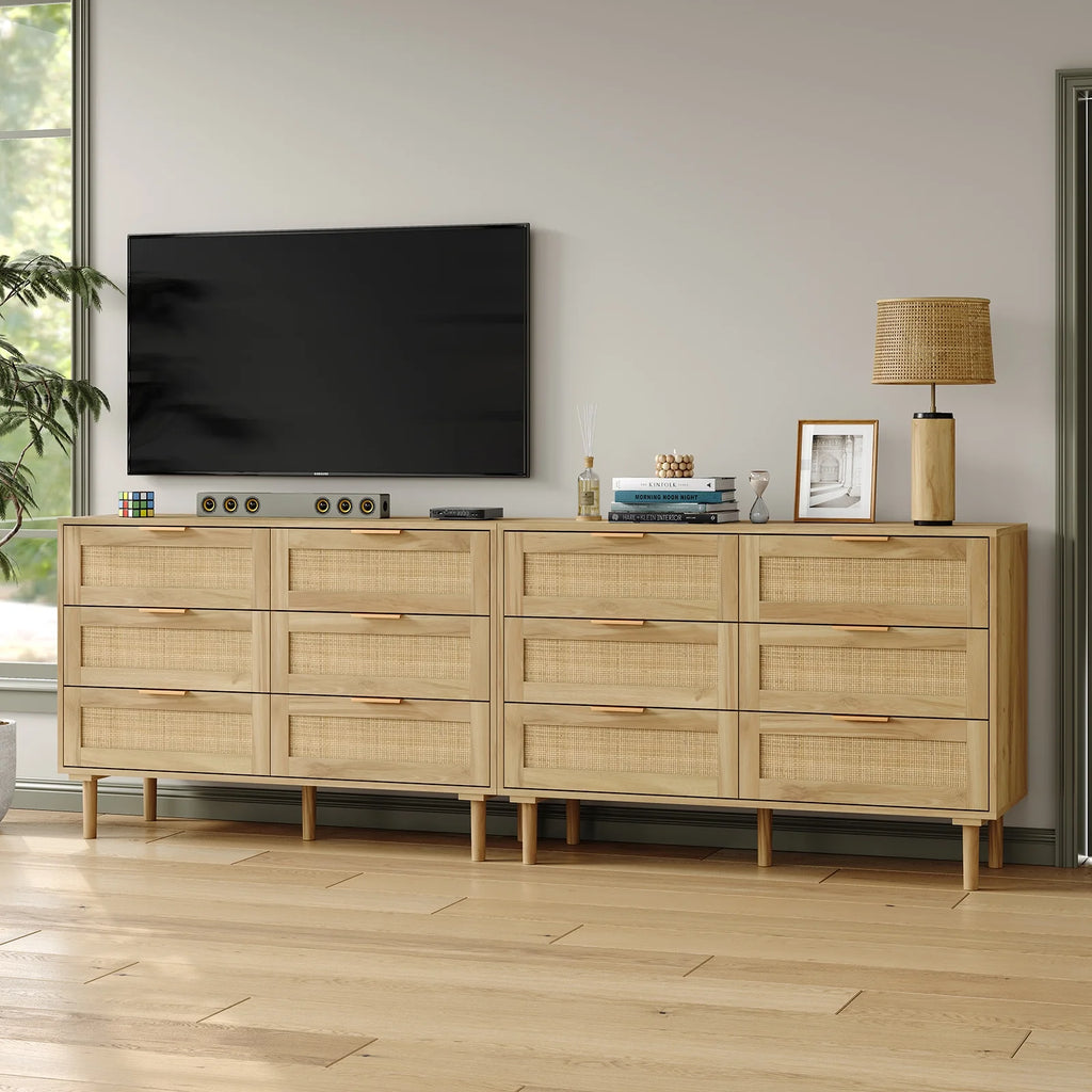 Furnihold 6 Drawer Rattan Dresser for Bedroom, Wooden Dresser Chest of Drawers, Storage Organizer for Closet, Beside Table for Living Room, Entryway
