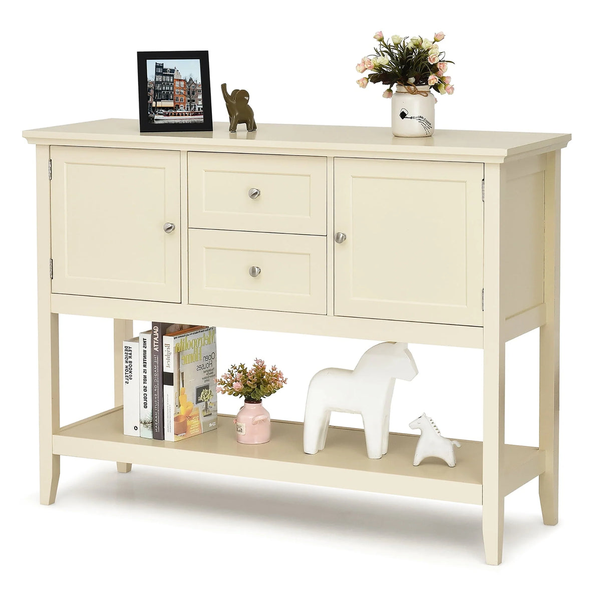 Costway Sideboard Buffet Table Wooden Console Table w/ Drawers & Cabinets Beige