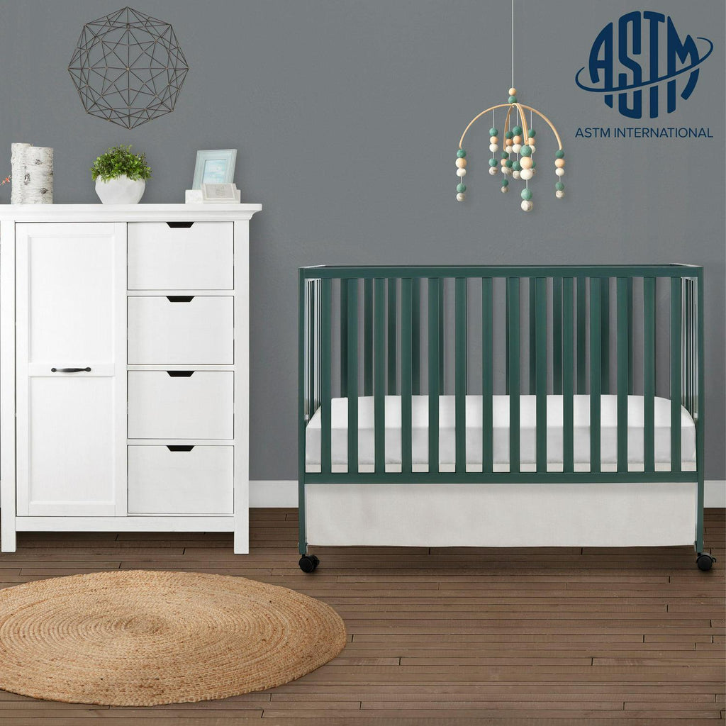 Dream On Me Quinn Full-Size Folding Crib. Removable Wheels. Modern Nursey. Adjustable Mattress Support. Patent Folding System in Olive