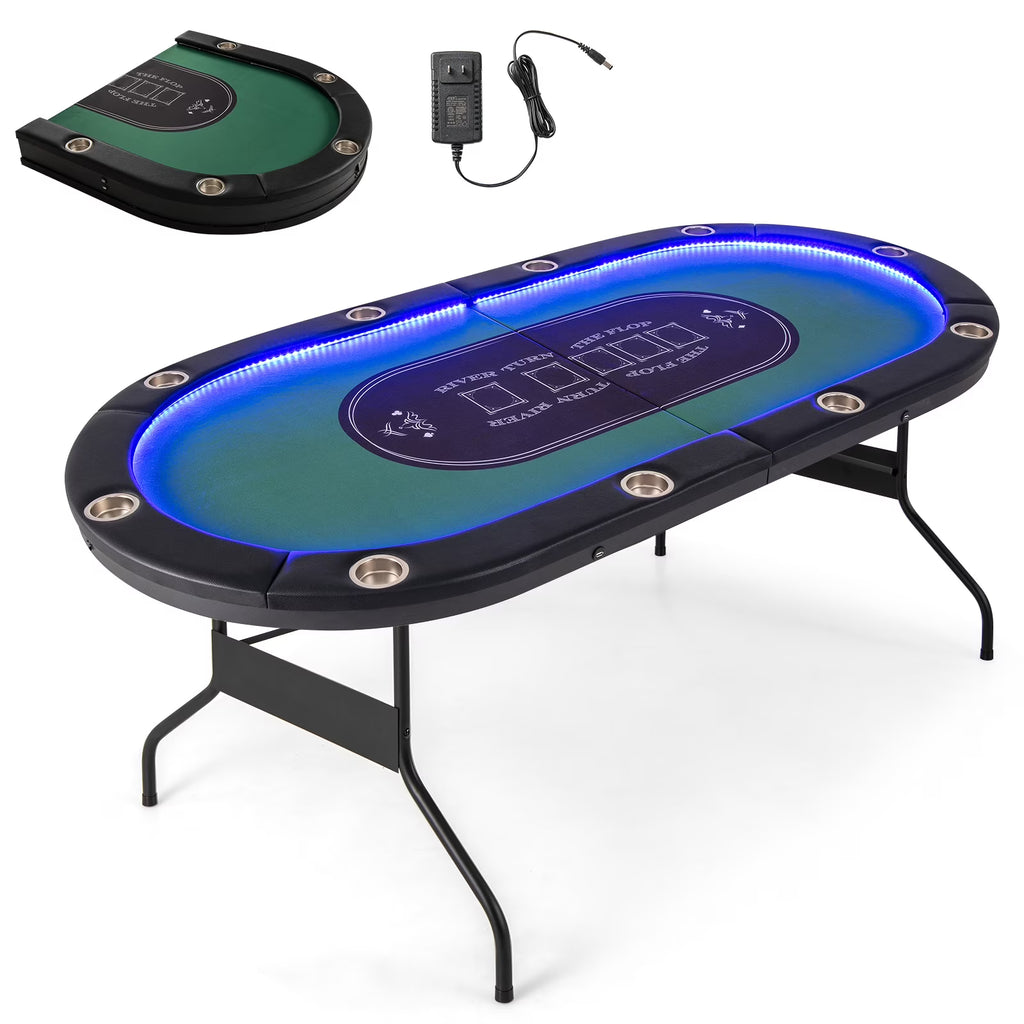 Costway Foldable, USB Ports, Led Lights 10 Player Poker Table, Blue/Black