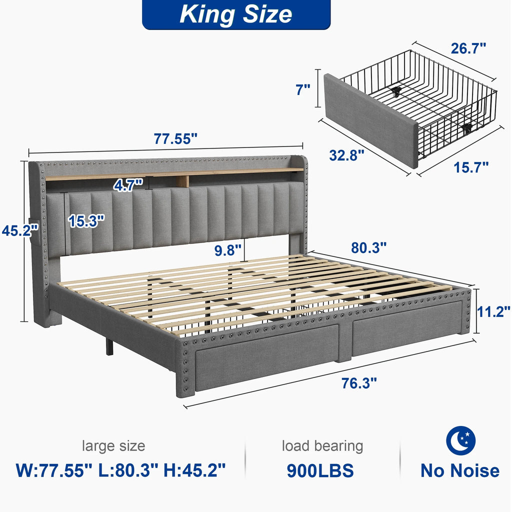 EnHomee Upholstered King Size Bed Frame with Headboard and Storage King Bed Frame with 2 Drawers,Grey