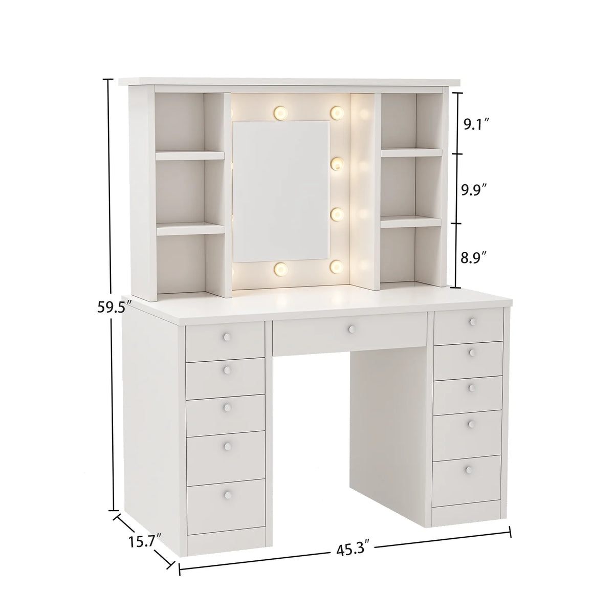 Makeup Vanity Desk with LED Mirror, 11 Drawers & Shelves, 3 Color Modes & Adjustable Brightness