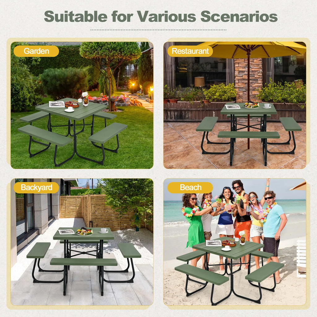 Costway Outdoor 8-person Square Picnic Table Bench Set with 4 Benches & Umbrella Hole White