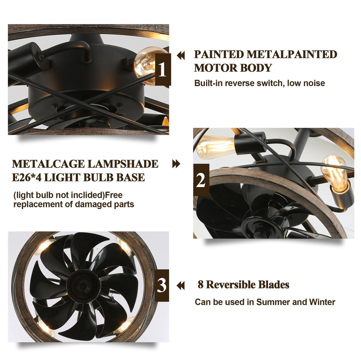 18" Rustic Wood Caged Ceiling Fan with Light and Remote Control, Farmhouse 3-Speed Reversible Flush Mount Ceiling Fan