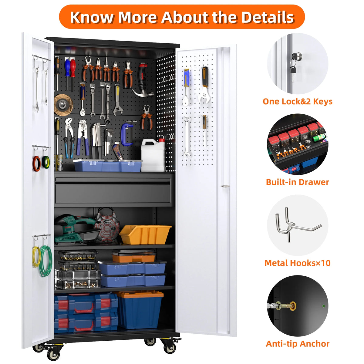 Aobabo Metal Storage Cabinet with Lock,Garage Storage Cabinet with Wheels,72In Steel Storage Cabinet for Garage Home Storage, Black Required-Assembly