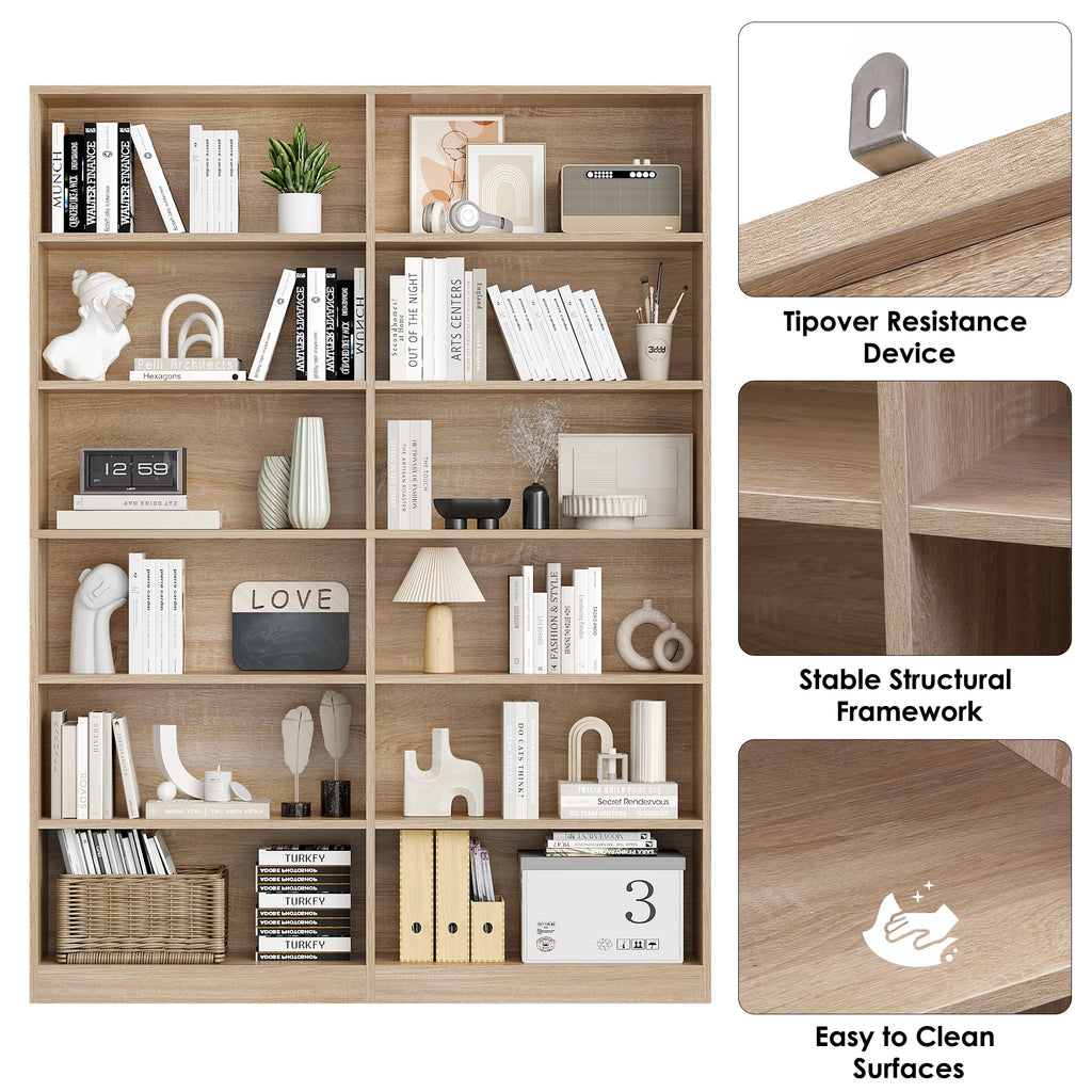 Homfa 74.3�� Double Wide 6-Tier Bookcase, Extra Large Wooden Freestanding Display Bookshelf for Home Office Living Room, White