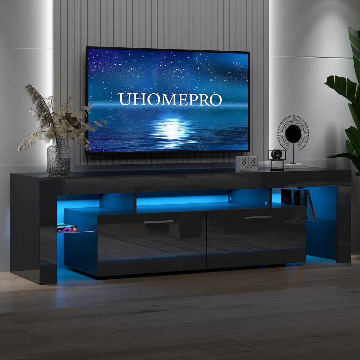 UHOMEPRO TV Stand for TV up to 70", Living Room Entertainment Center with RGB LED Lights and Storage Shelves Furniture, White High Gloss TV Cabinet Console Table