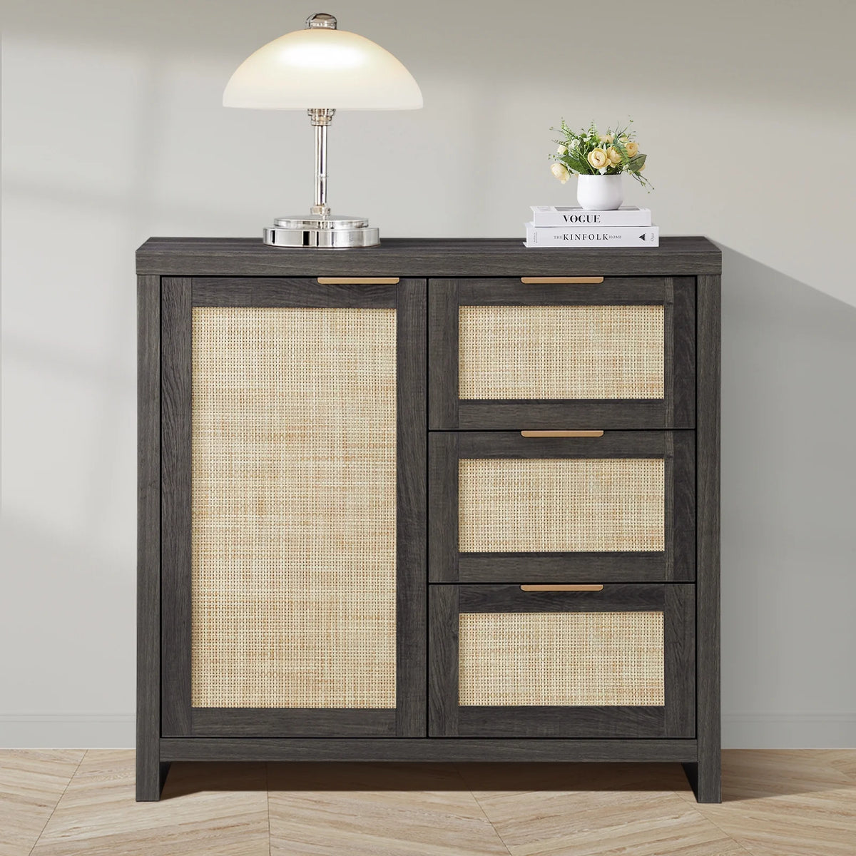 ARKANTOS Sideboards and Buffets, Boho Storage Cabinets with Rattan Doors and Drawers, Natural Oak