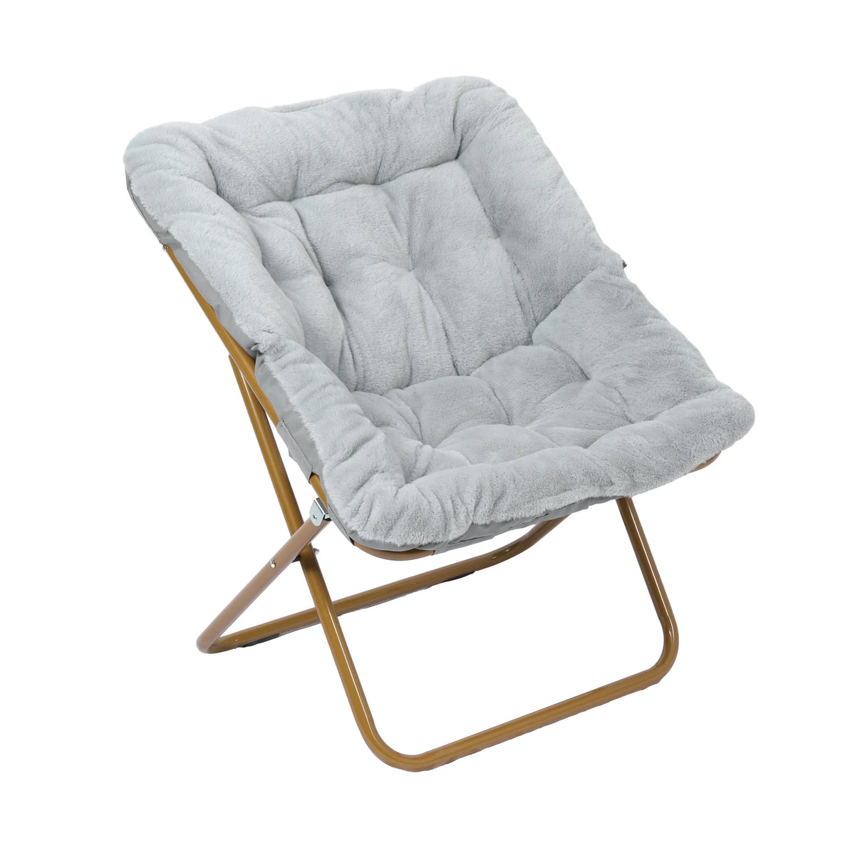 Emma + Oliver Oversized Faux Fur Folding Saucer Chair for Dorm, Bedroom, Black Faux Fur/Black Frame