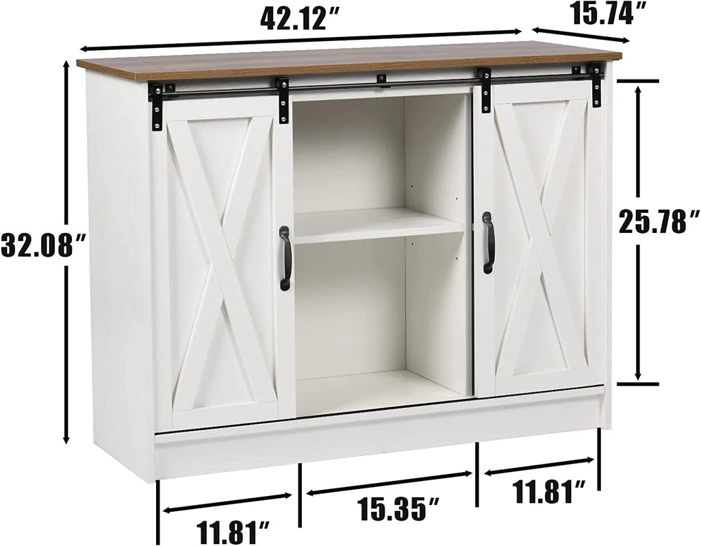 Catrimown Farmhouse Coffee Bar Cabinet , 42”  Buffet Sideboard Cabinet with Sliding Door, Sideboard Storage Cabinet, White