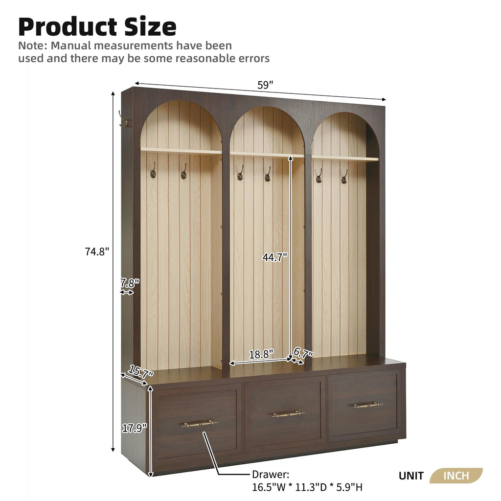 Euroco Farmhouse Wooden Style Hall Tree with Arched Design, Elegant 59" Wide Entryway Bench with 8 Retro Hooks, Rustic Coat Rack & Shoe Organizer with 3 Drawers for Mudroom, Living Room, Dark Walnut