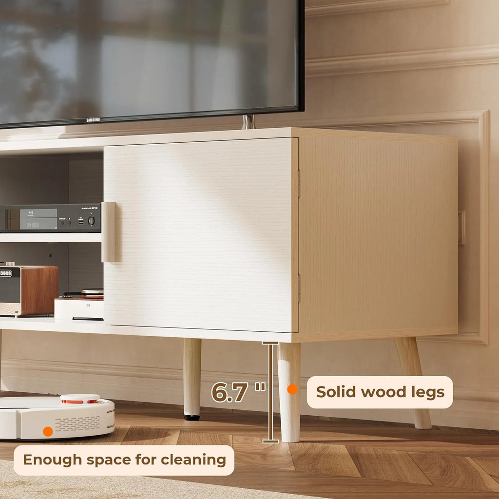 LL TV Stand for 55 Inch TV, Entertainment Center with Adjustable Shelf, 2 Cabinets, TV Console Table, Media Console, Solid Wood Feet, Cord Holes, for Living Room, Bedroom, White