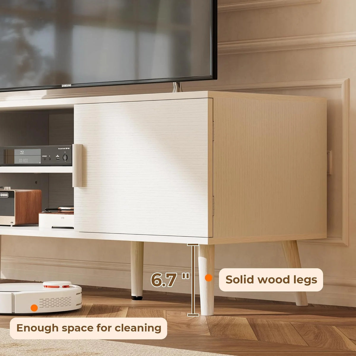 LL TV Stand for 55 Inch TV, Entertainment Center with Adjustable Shelf, 2 Cabinets, TV Console Table, Media Console, Solid Wood Feet, Cord Holes, for Living Room, Bedroom, White