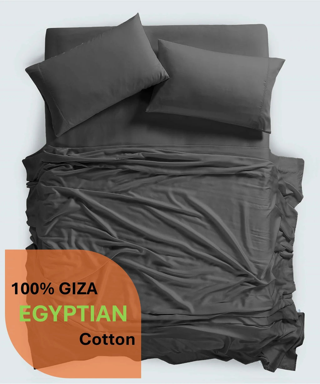 600 Thread Count, 100% Giza Egyptian Cotton Bedding Set, 4-PC Sheets Set, 15 Inch Deep Pocket of Fitted Sheet, Soft Sateen Weave Breathable - Black, Twin