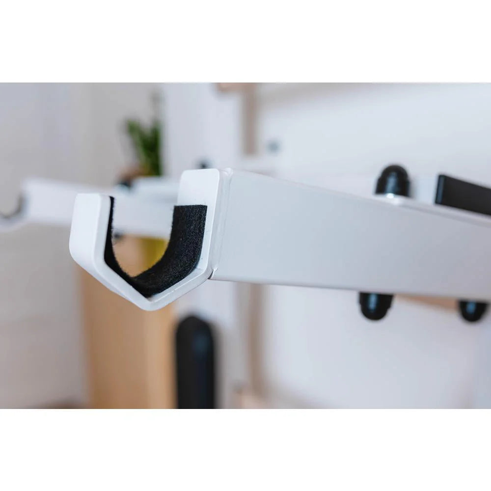 BenchK 733 White Wall bars with convertible steel 6-grip pull-up bar that can also be used as a barbell holder, dip bar with back support and advanced workout bench