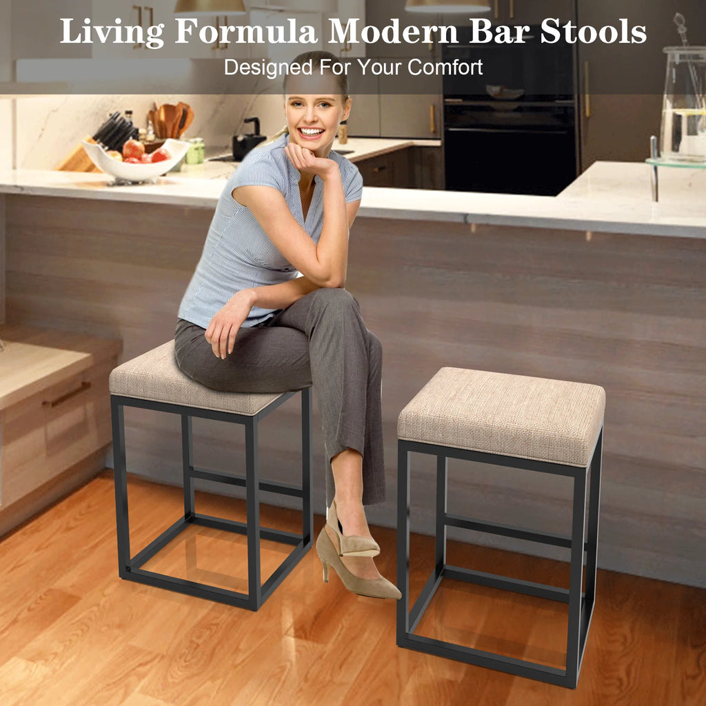 Nathaniel Home 24 Inch Bar Stools Set of 2, Modern PU Leather Metal Barstool, Backless Kitchen Dining Cafe Stool, Upholstered Bar Stool with Footrest, Gray