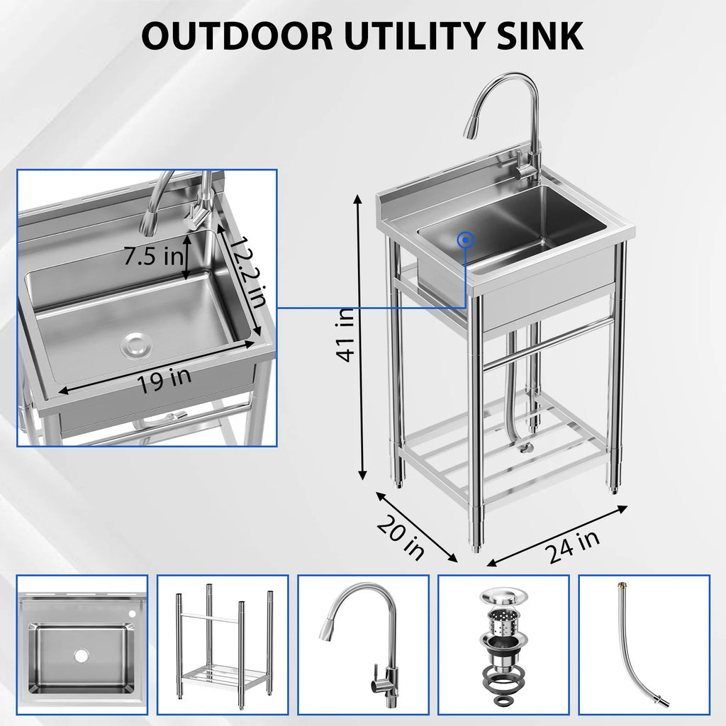Garvee Utility Sink,24"Dx20"Wx41"H,Stainless Steel Sink with Hot & Cold Hoses,Storage Shelve,Faucet for Kitchen,Laundry Room,Backyard,Garage