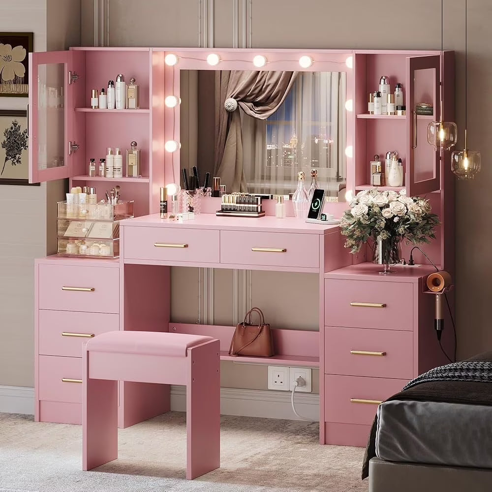 UGTOO 58.3" White Vanity Desk with Mirror, Adjustable Lighting, Power Outlet, Drawers, with Stool