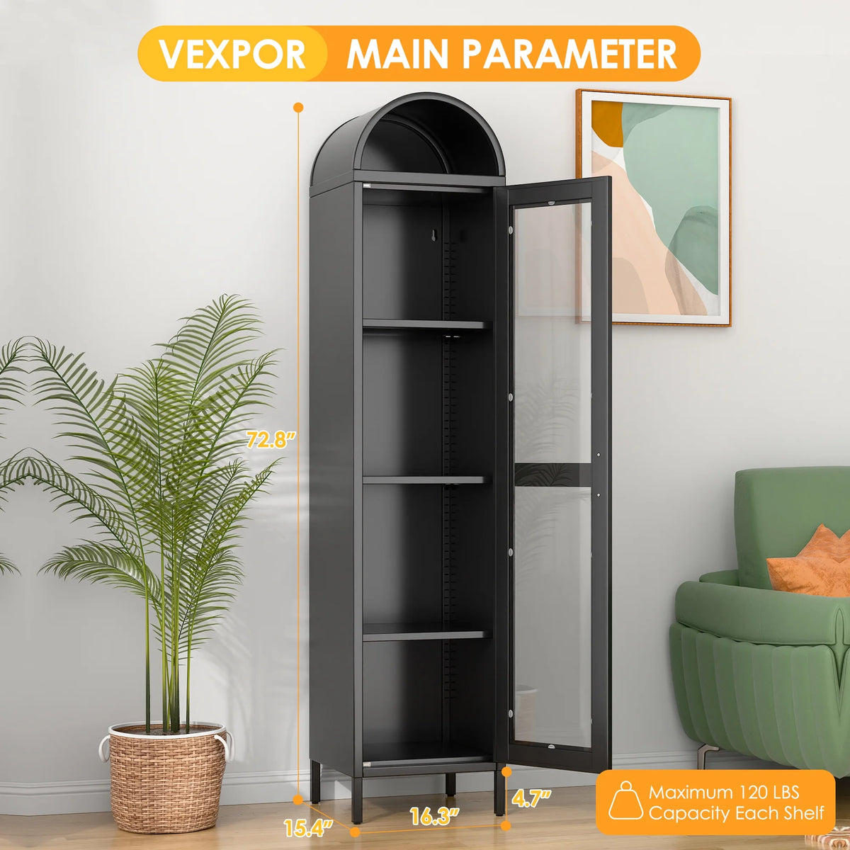 SUPEER Metal Arched Storage Display Cabinet with Glass Doors and Adjustable Shelves, Lockable Cabinet, Assembly Required, Black