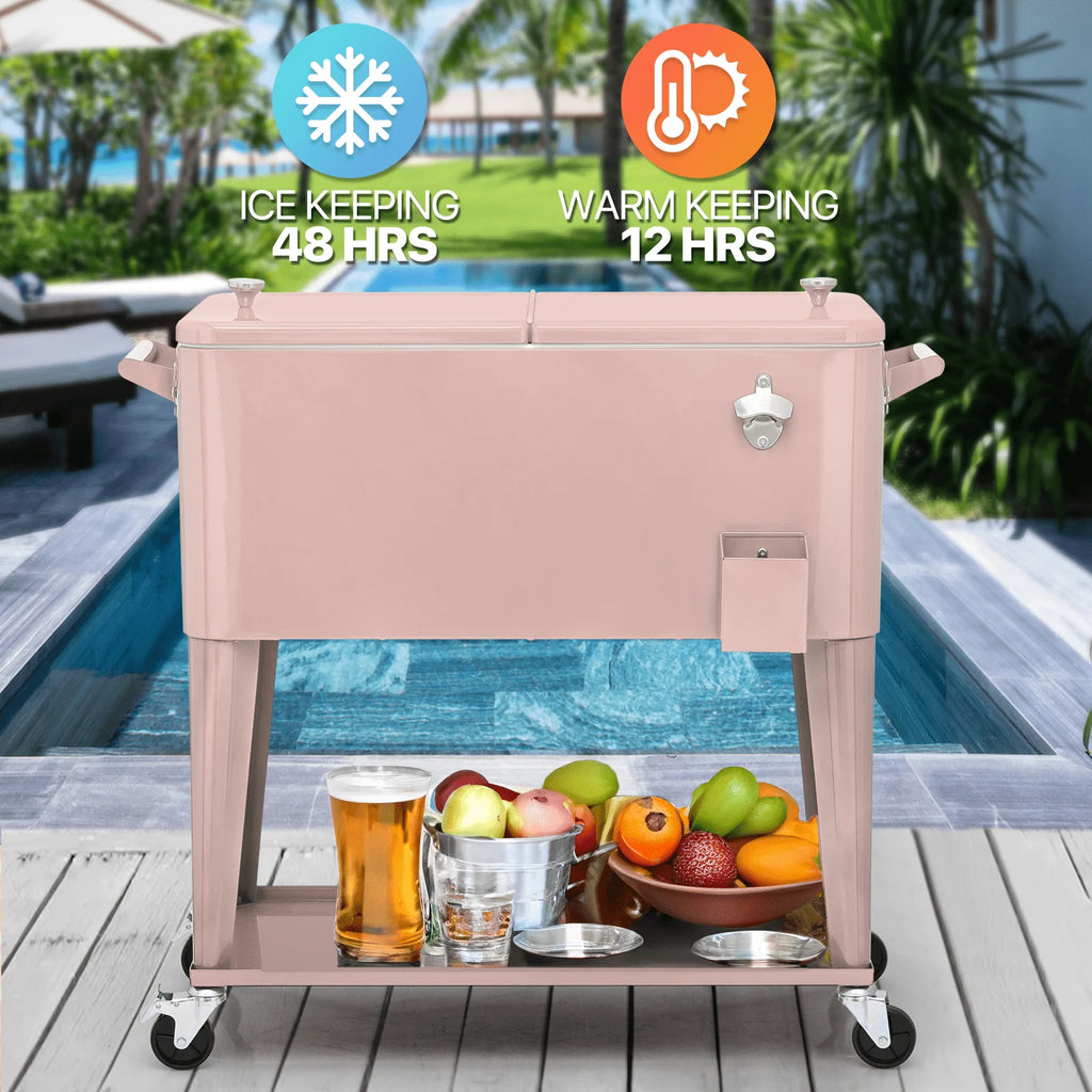 Magshion 80 Quart Rolling Cooler Ice Chest, Portable Bar Cold Drink Beverage Cart Tub, Backyard Cooler Trolley on Wheels with Ice Scoop, Catch Tray & Bottle Opener, Pink