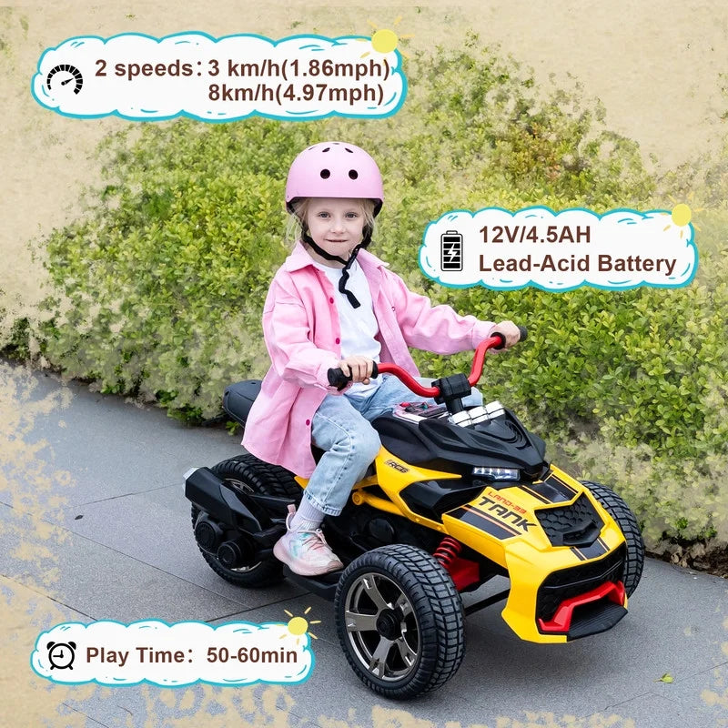 RCB 12V Electric Ride-On,Dual Motors,Music,Up to 5 mph,3 Wheel ATV Style for Kids Ages 3+,Black