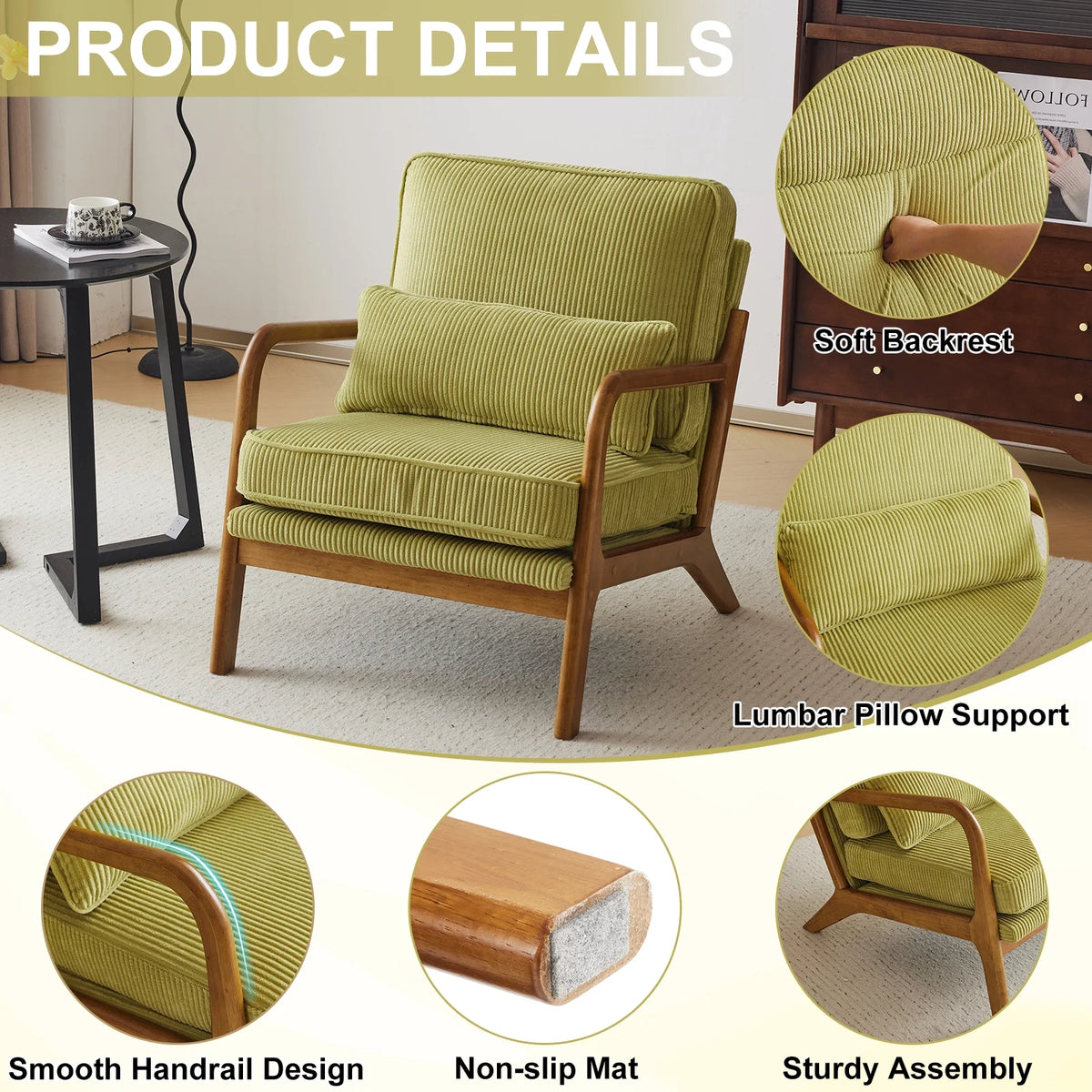 Ktaxon Accent Chair Corduroy Upholstered Armchair, Reading Club Chair with Pillow and Solid Wood Frame for Living Room Bedroom Furniture Off White