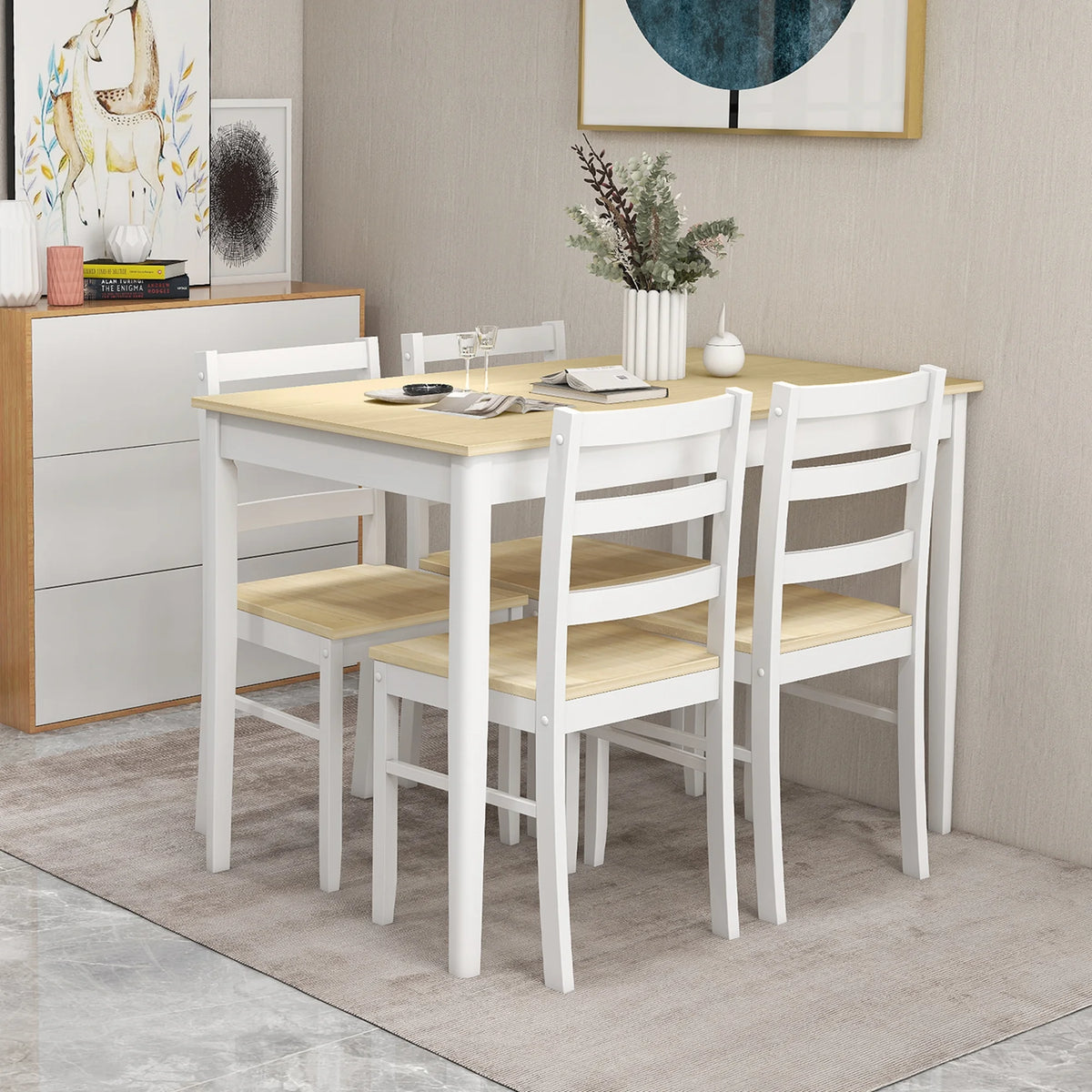 Costway 5-Piece Dining Set Solid Wood Kitchen Furniture with Rectangular Table & 4 Chairs