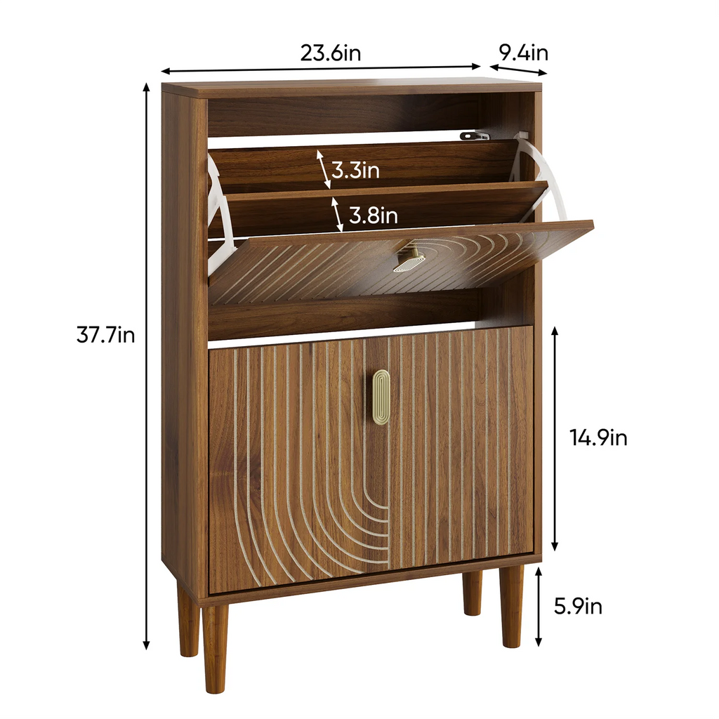 Hommoo 2 Flip Drawers Shoe Storage Cabinet, Freestanding Shoe Cabinet with Metal Handles & line groove design, Shoe Rack Cabinet, Walnut