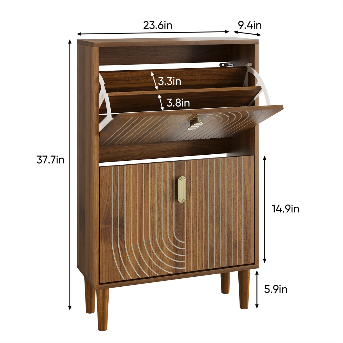 Hommoo 2 Flip Drawers Shoe Storage Cabinet, Freestanding Shoe Cabinet with Metal Handles & line groove design, Shoe Rack Cabinet, Walnut
