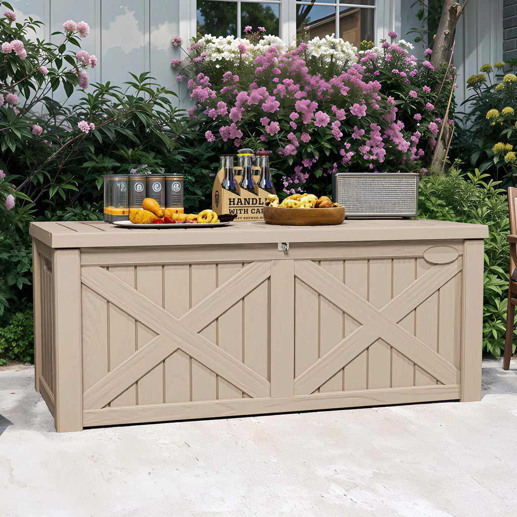 Uforic Outdoor 120 Gallon Large Resin Deck Box, Outdoor Storage Boxes with X-Shaped Front, for Patio Garden, Waterproof & Lockable, Light Brown