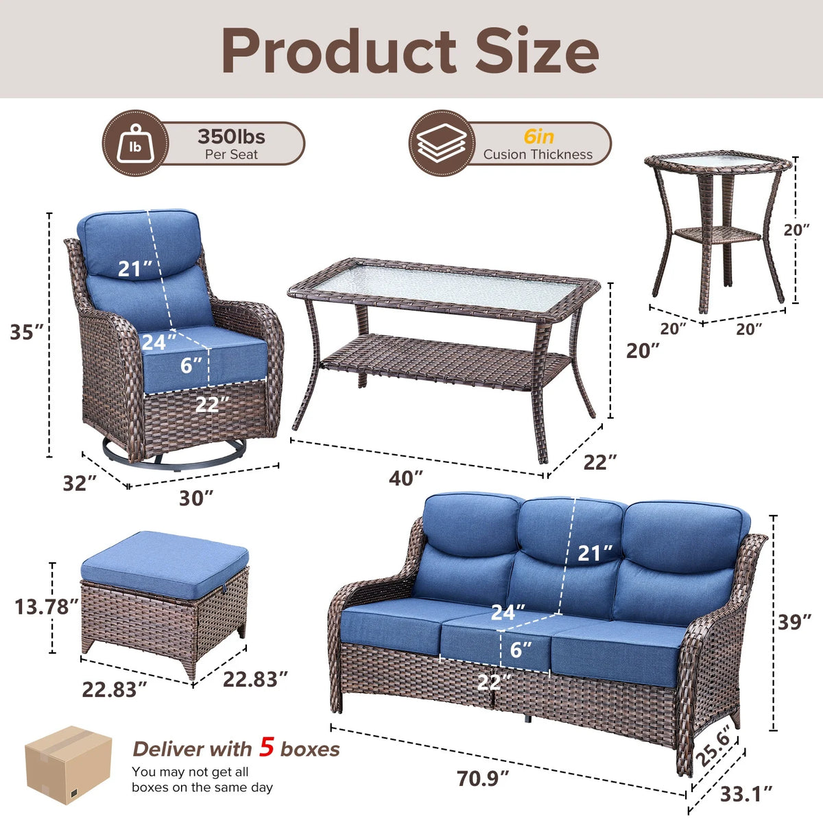 Bellefurn Luxury Outdoor Patio Furniture Set,Swivel Rocker Patio Chairs with 6-inch Thick Cushion,Patio Sofa and Glass Coffee Table,Outdoor Conversation Set for Porch, Deck, Yard