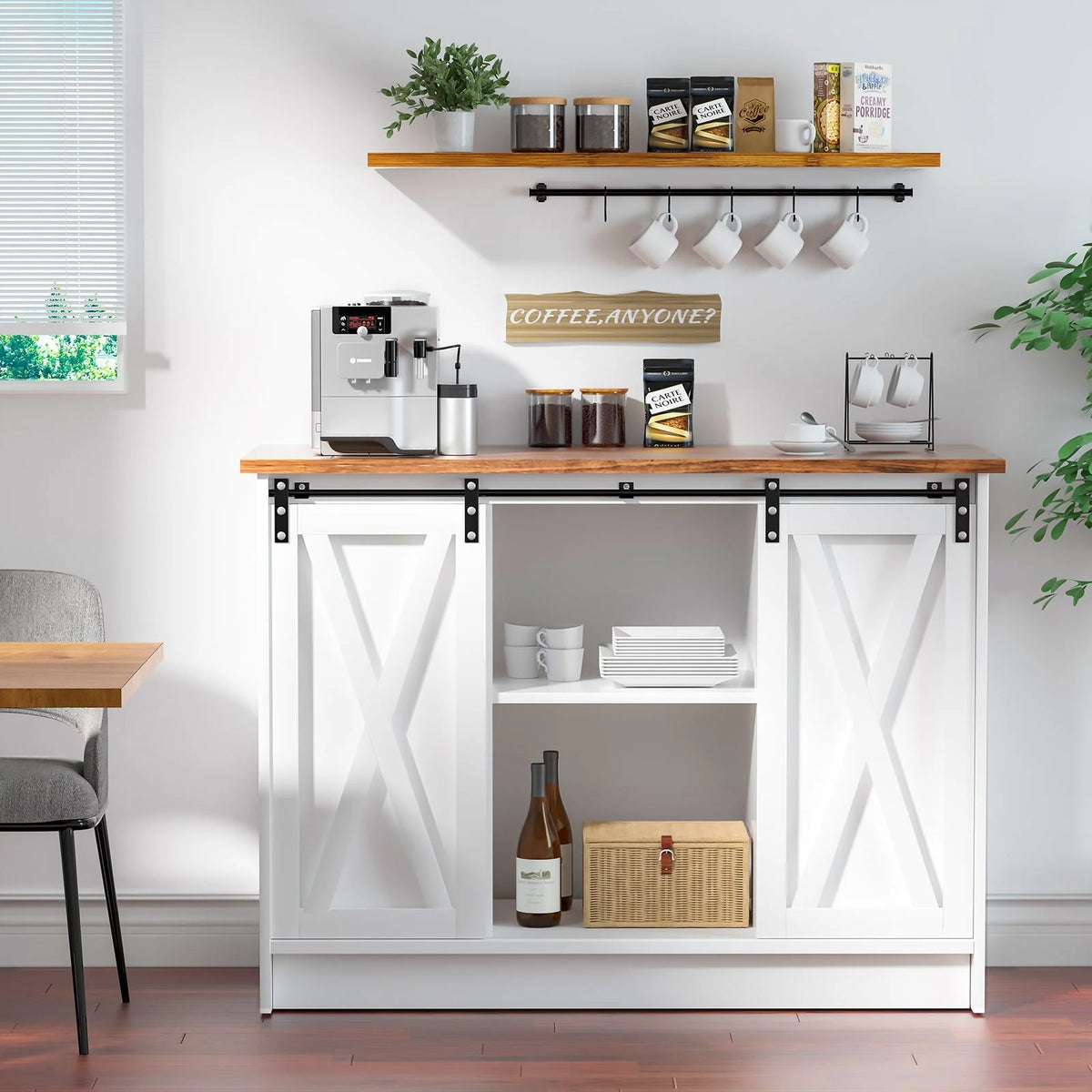Catrimown Farmhouse Coffee Bar Cabinet , 42”  Buffet Sideboard Cabinet with Sliding Door, Sideboard Storage Cabinet, White
