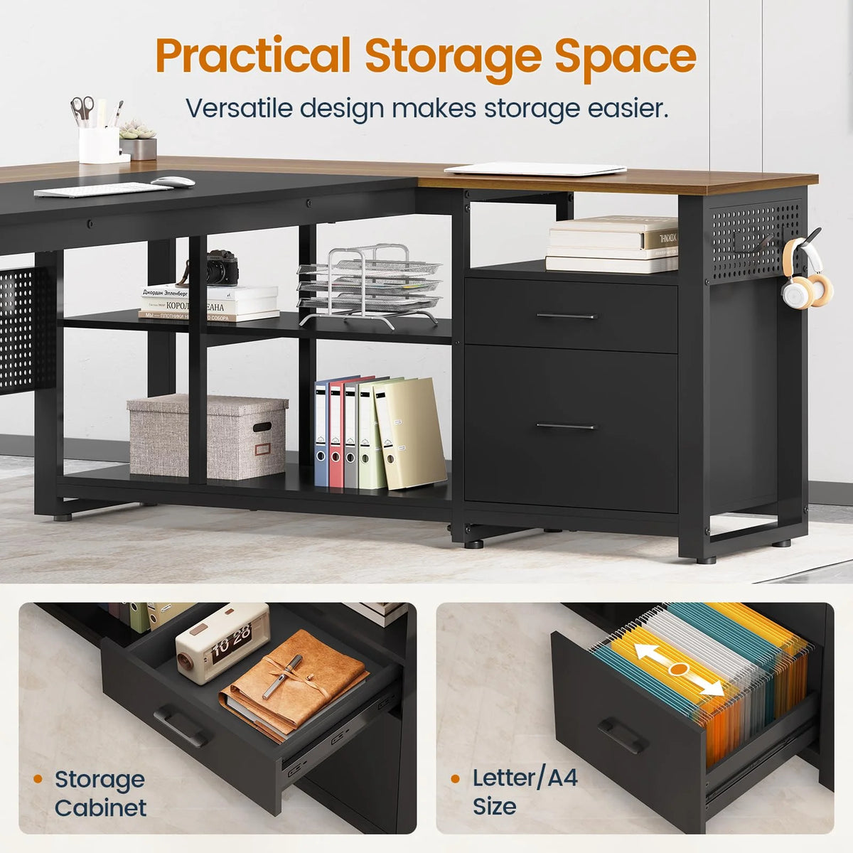 71" Executive Desk with Power Outlets, Modern L Shaped Office Desk with File Drawers and Pegboard, Large Computer Desk, Rustic Brown