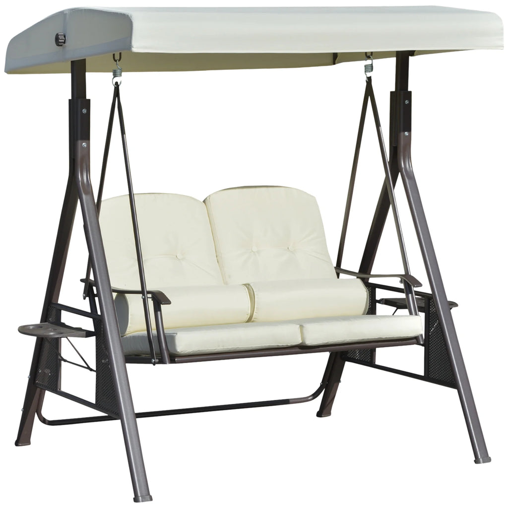 Outsunny 2-Person Patio Swing Bench with Adjustable Shade Canopy, Soft Cushions, Throw Pillows and Tray, Beige.