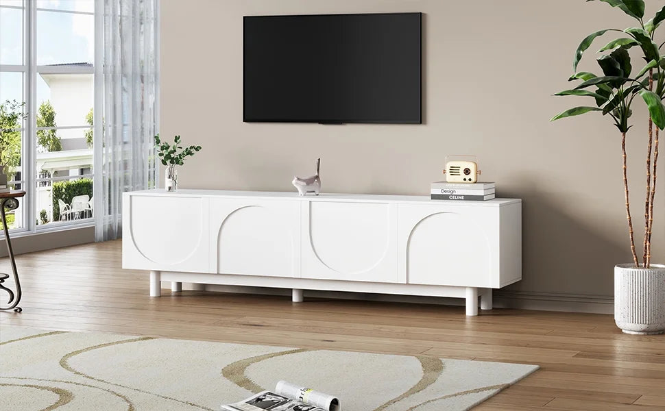 71" Graceful TV Stand with Arch Cabinets�?�?Minimalist Media Console for 78" TVs, White Entertainment Center with Solid Wood Legs & Adjustable Shelves