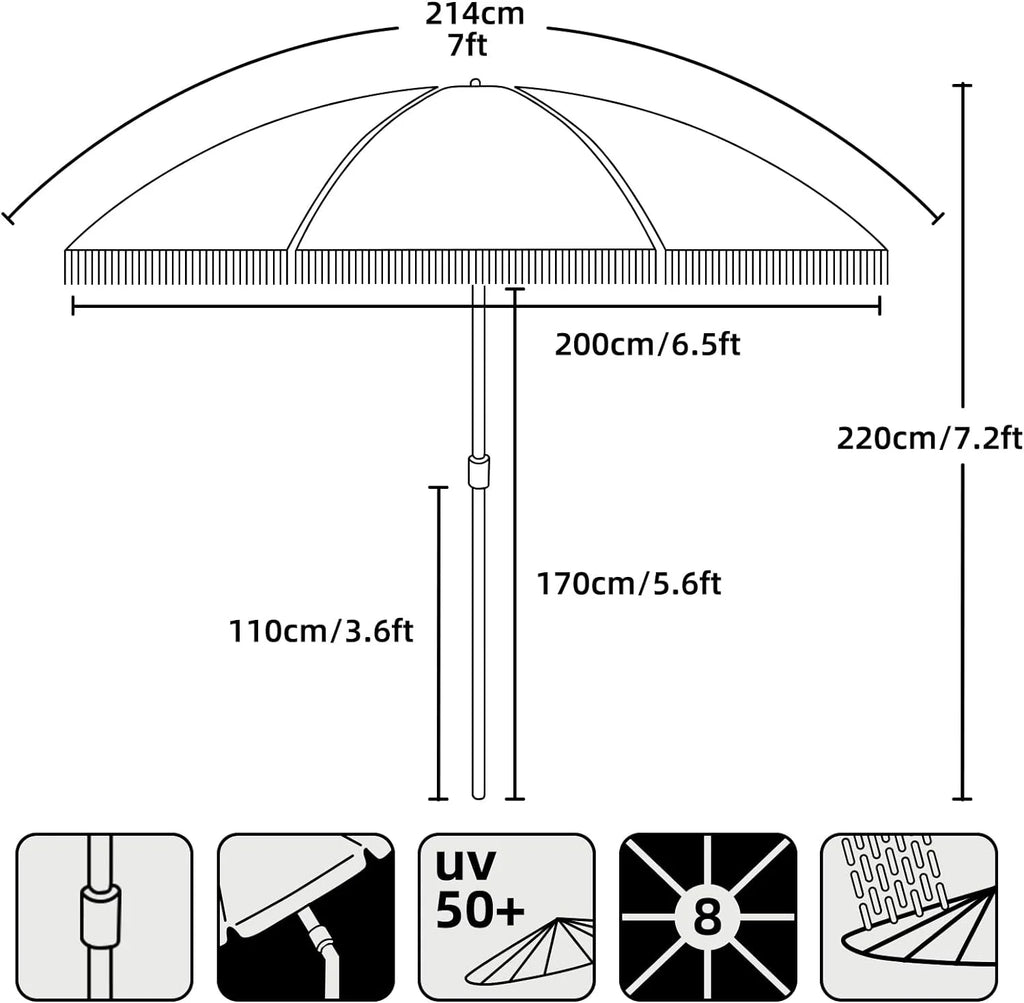 7ft Patio Umbrella with Fringe Outdoor Tassel Umbrella UPF50+ Premium Steel Pole and Ribs Push Button Tilt, Riviera Pink Stripe