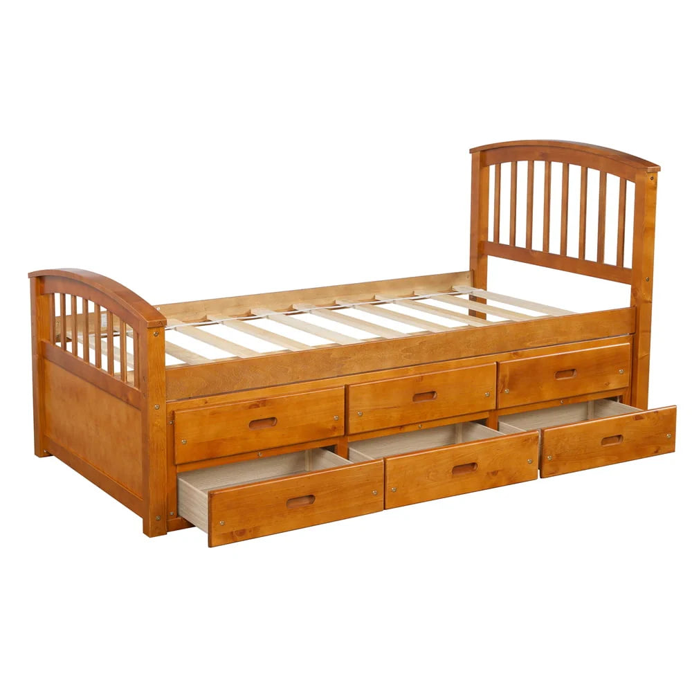 Twin Size Platform Bed with 6 Storage Drawers, Solid Wood Platform Bed Frame with Headboard and Footboard, Heavy Duty Daybed Captain’s Bed for Boys Girls Wood Slats Support, No Box Spring Need, Oak