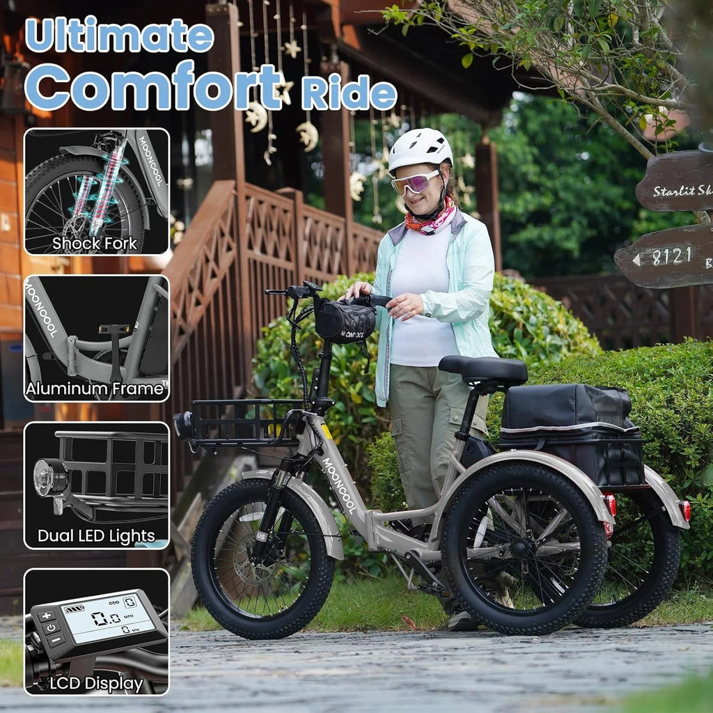 MOONCOOL TK1 Folding Electric Tricycle for Adults,48V 14.5Ah Removable battery, 500W（Peak 1000w）Motor, 20" Fat Tire Step-Thru 3Wheel Electric Bicycle w/Front&Rear Baskets, Certified to UL 2849 by SGS