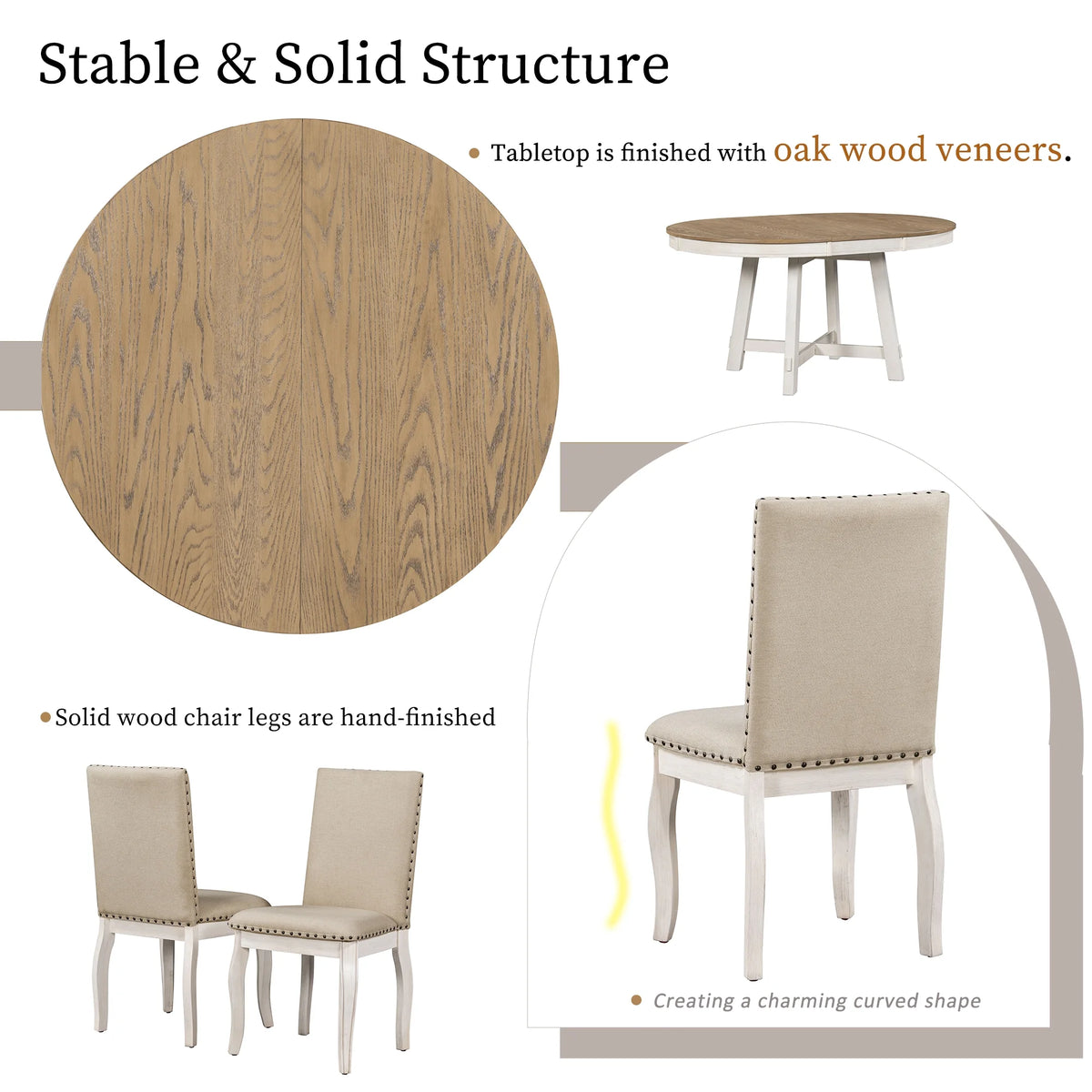 Harper & Bright Designs Round Extendable Dining Table Set for 4, 5 Piece Farmhouse Wood Dining Table Set with 4 Upholstered Dining Chairs, Natural Wood Wash