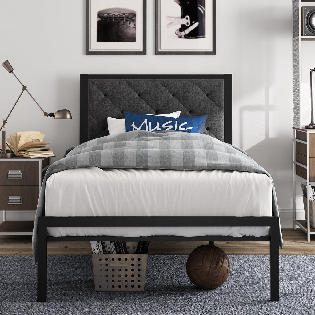 Amolife Twin Size Metal Bed Frame with Upholstered Headboard, Dark Gray