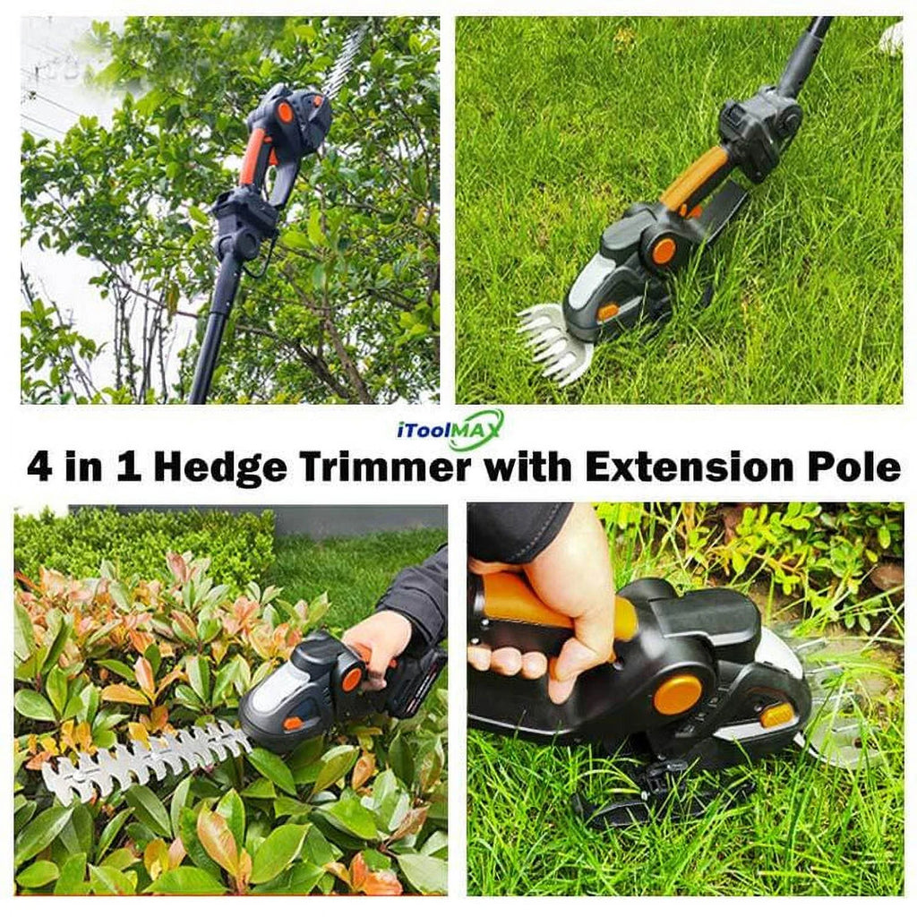 4 in 1 Hedge Trimmer with Extension Pole for Shrub, Garden, Grass and Lawn(21V Battery and Charger Include)
