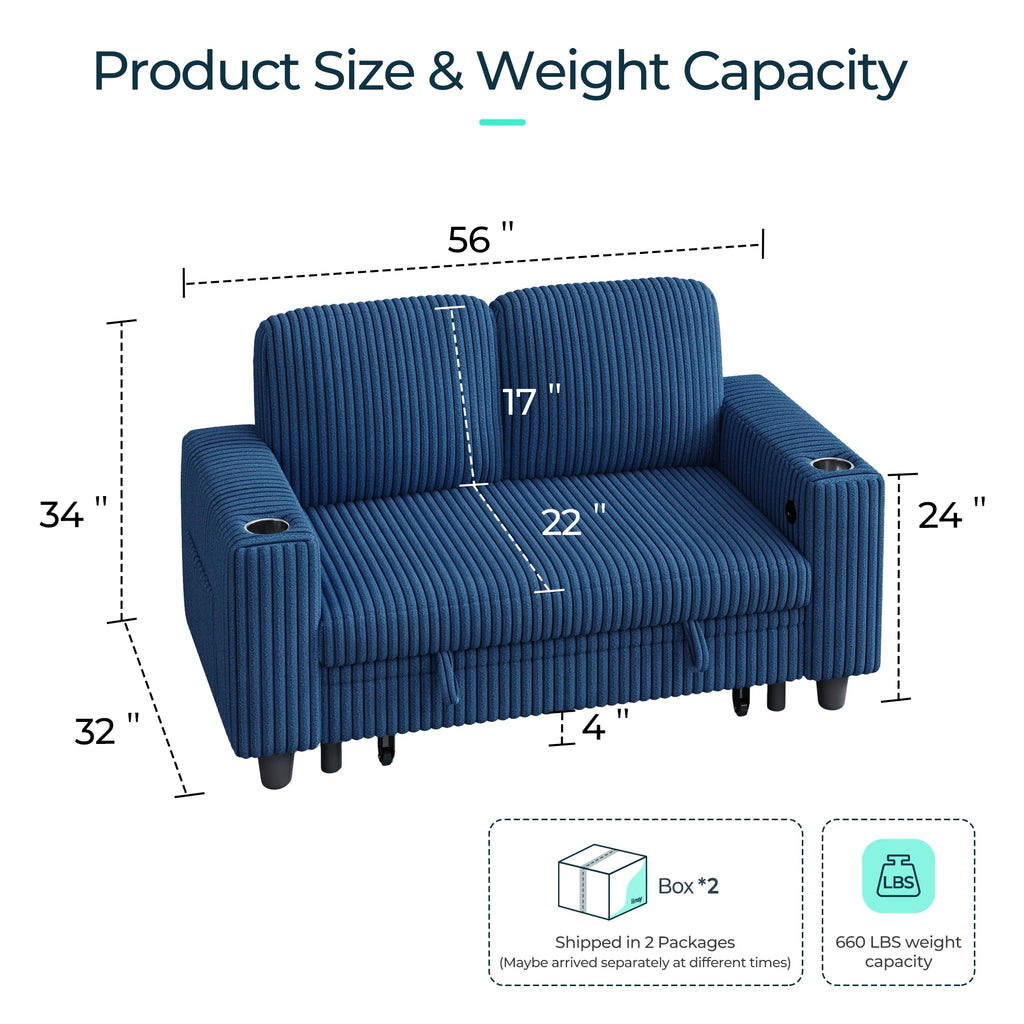 Linsy Home Plush Corduroy Pull Out Couch Chaise Lounge, Convertible Loveseat Sofa Couch With Usb & Cup Holder, Green