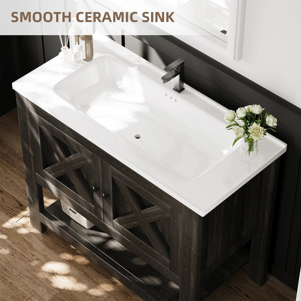DreamCurship Bathroom Vanity with Sink Combo, 35'' Bathroom Storage Cabinet with Storage, Farmhouse Bathroom Vanity Cabinet with 2 Doors and Open Shelf, White