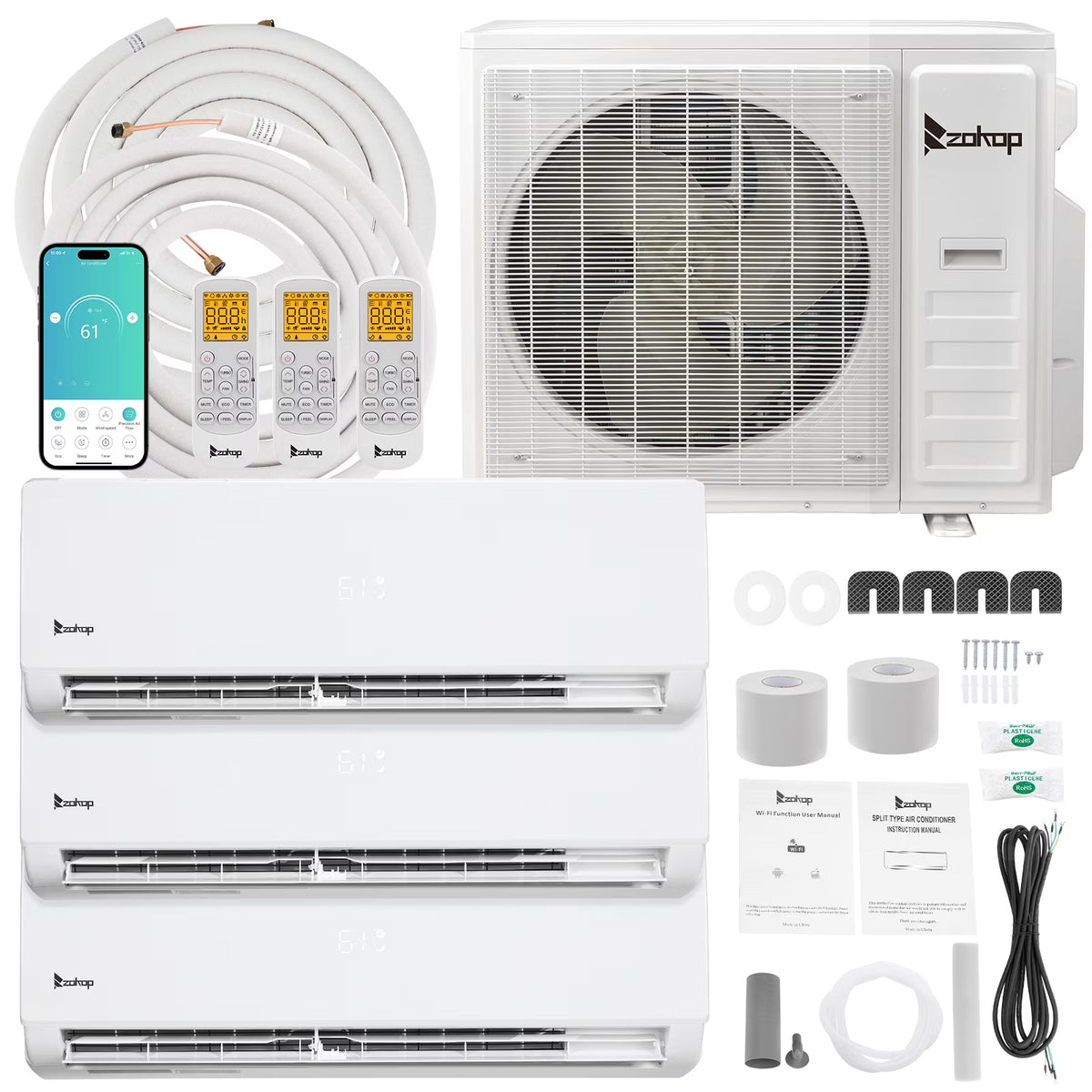 Ktaxon 2 Zone 9000 + 9000 BTU WIFI Mini Split AC/Heating System, 19 SEER2 Dual Zone 18000 BTU Ductless Split Air Conditioner with Pre-Charged Condenser, Heat Pump & 25Ft Installation Kit, 208-230V