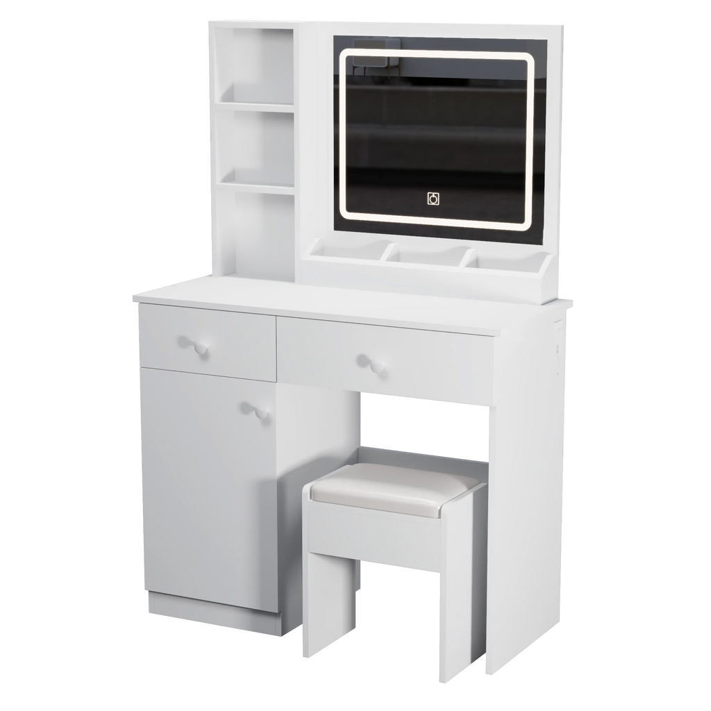 Montary Modern Mini Vanity w/Adjustable LED Mirror + Hidden Storage, Padded Stool & Dustproof Shelves (White)